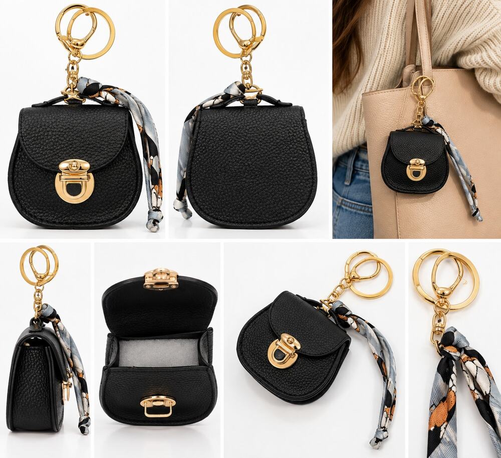 Black Mini Purse Keychain / Bag Charm with Gold-Tone Hardware & Scarf Accent